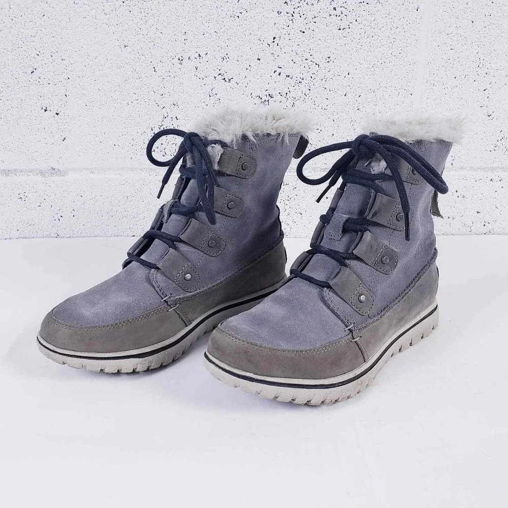 Sorel‎ Tivoli III Waterproof Boots Grey Suede Faux Fur Trim Lace Up Womens 7